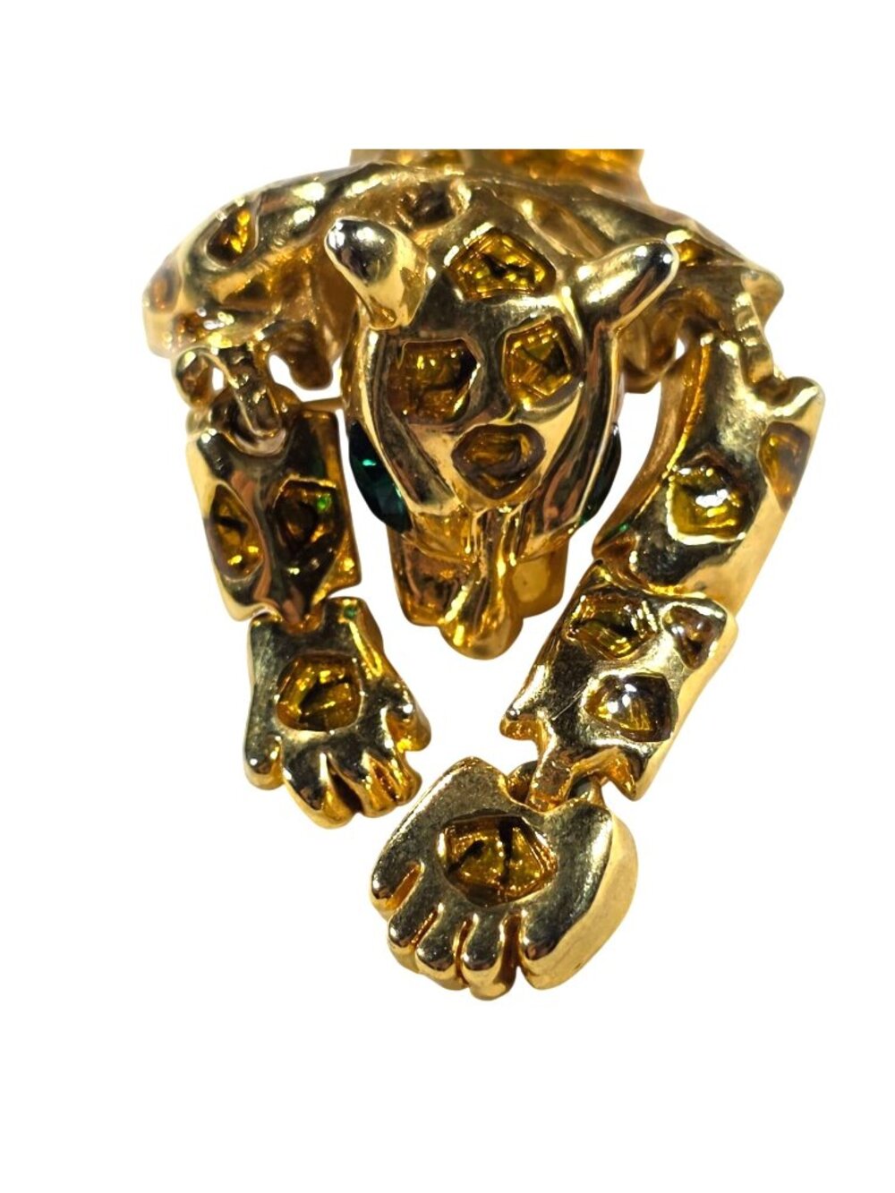 Gold-Tone Panther Brooch Pin Yellow Rhinestones Green Eyes Flexible Articulated